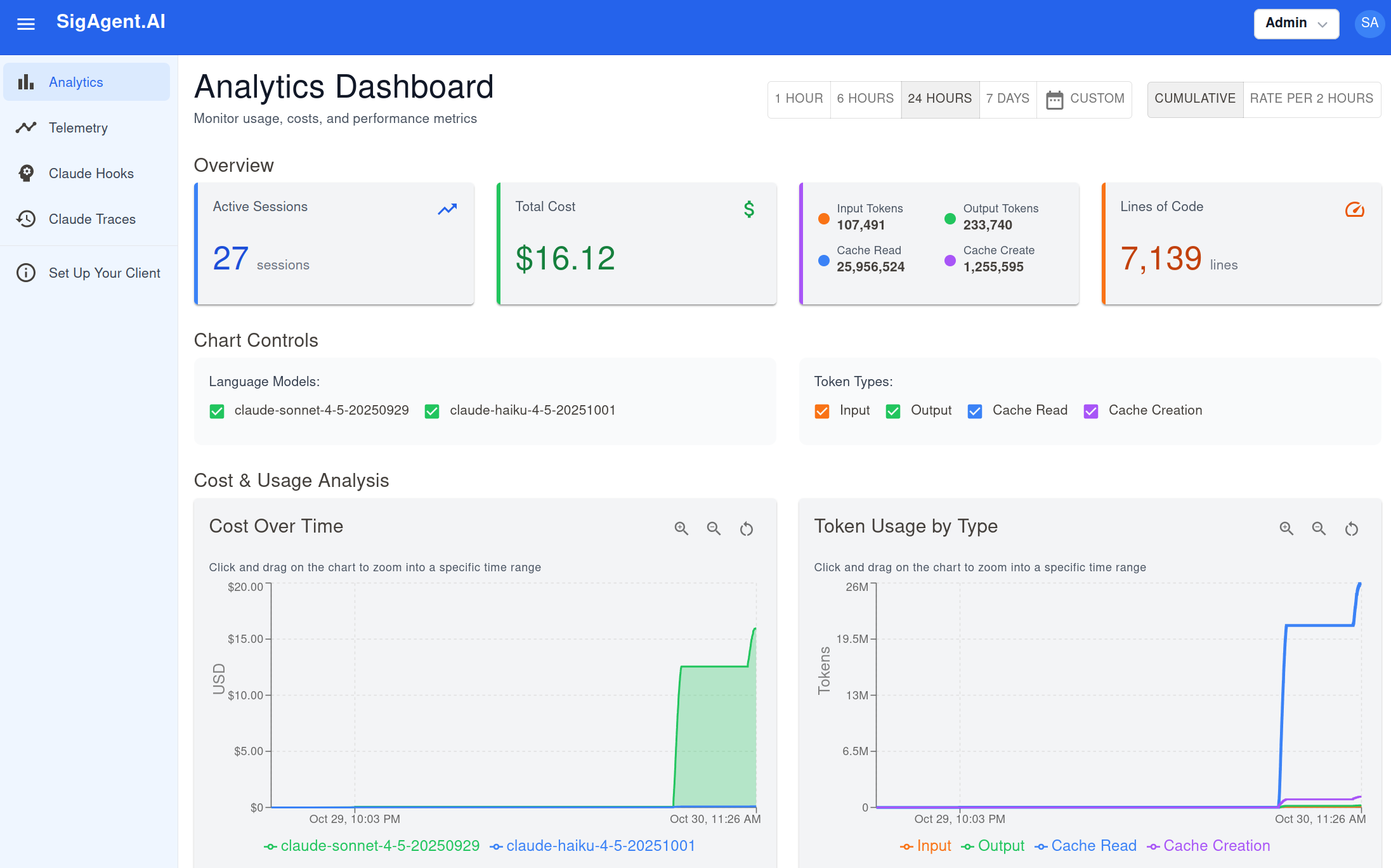 SigAgent.AI Dashboard showing agent monitoring and telemetry