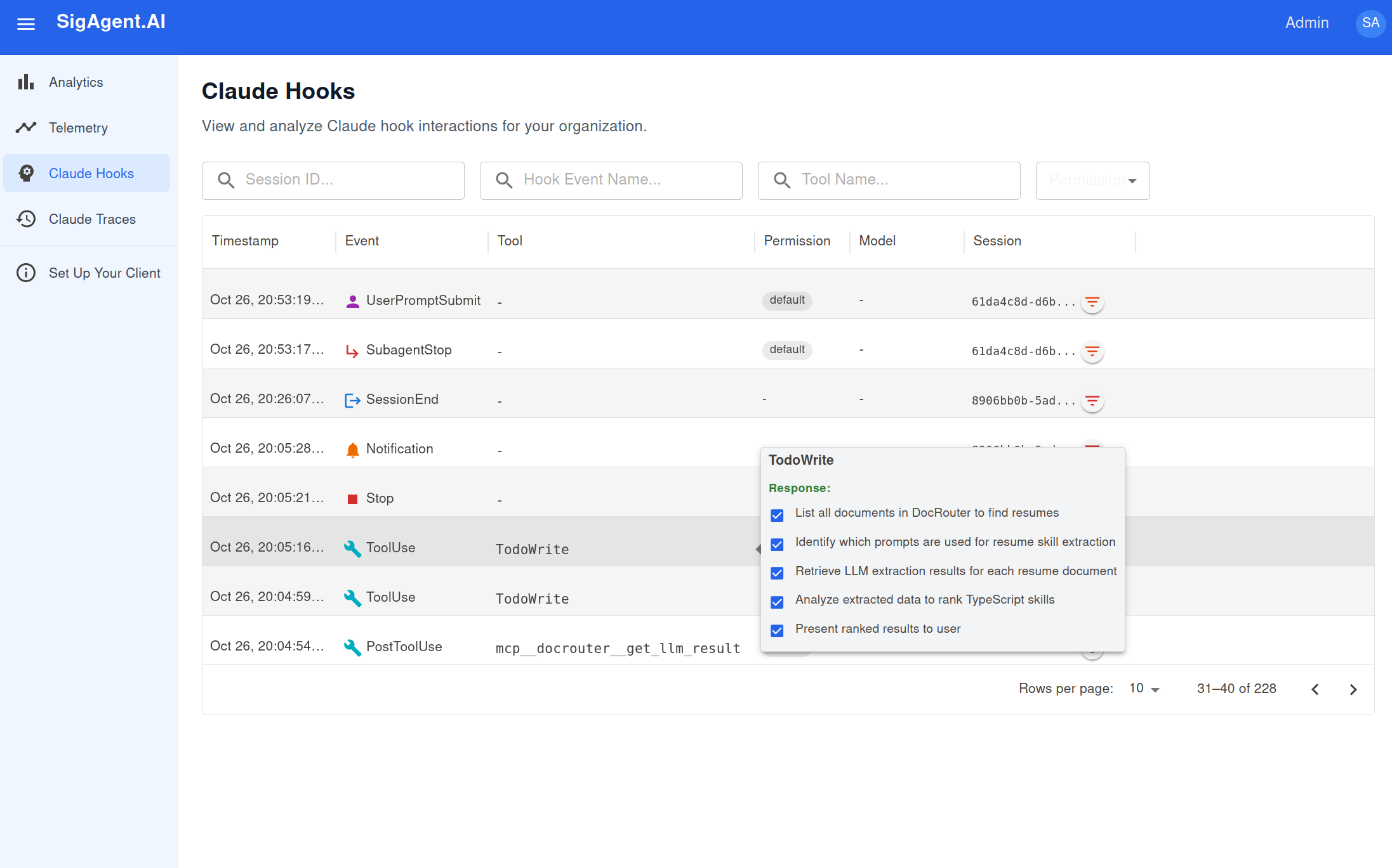 SigAgent.AI Hooks view showing tool call tracking